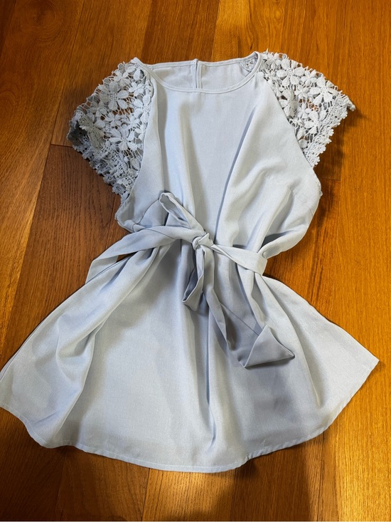 SHEIN Tops - Women’s Light Blue Lace Sleeve Tie-Waist Dress